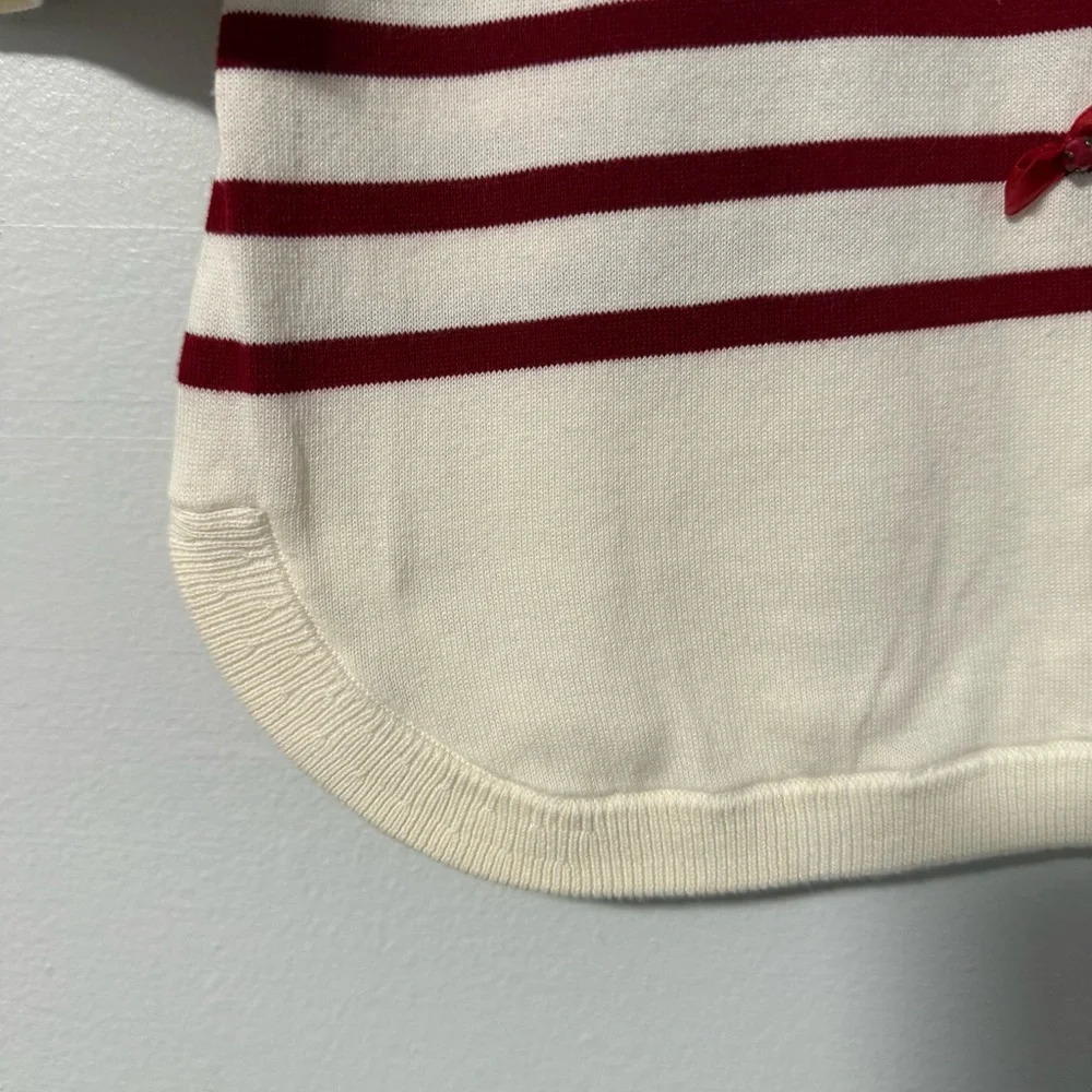 Talbots‎ Women’s Sweater Size MP Ivory Red Stripe Bow Embellished Tunic Pullover